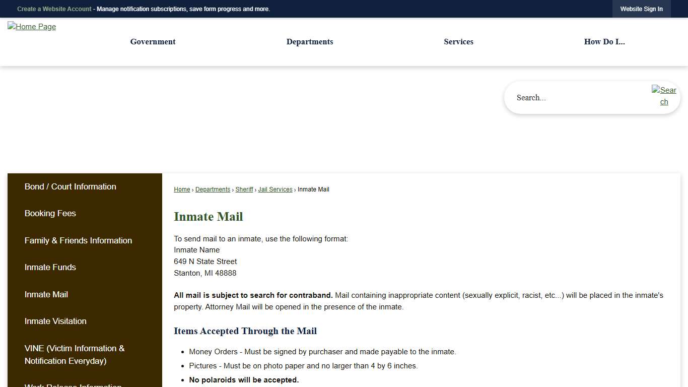 Inmate Mail | Montcalm County, MI