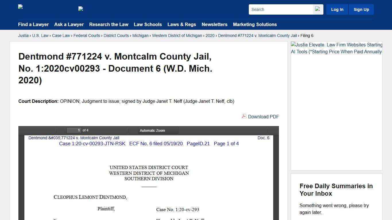 Dentmond #771224 v. Montcalm County Jail, No. 1:2020cv00293 - Document 6 (W.D. Mich. 2020) :: Justia